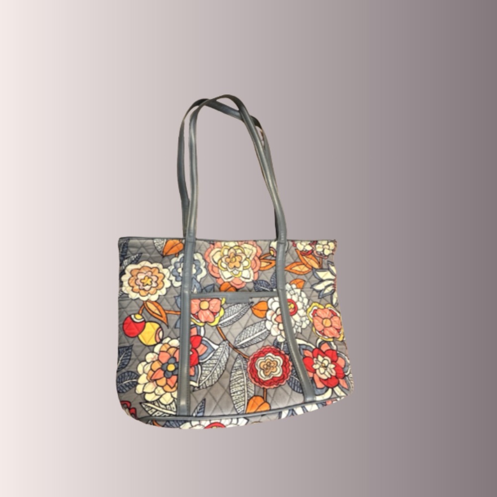 Vera Bradley Tote Bag Gray with Leather Straps Floral Gray Medium Tote